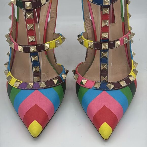 Valentino Garavani 1973 Rainbow Chevron Rockstud T-Strap Heels EU37.5/ US 7.5 - Picture 5 of 16